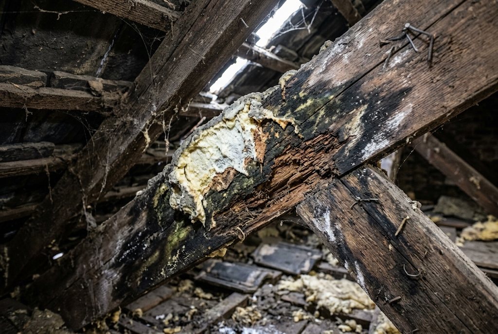 Dark staining on a rafter where foam has held moisture.